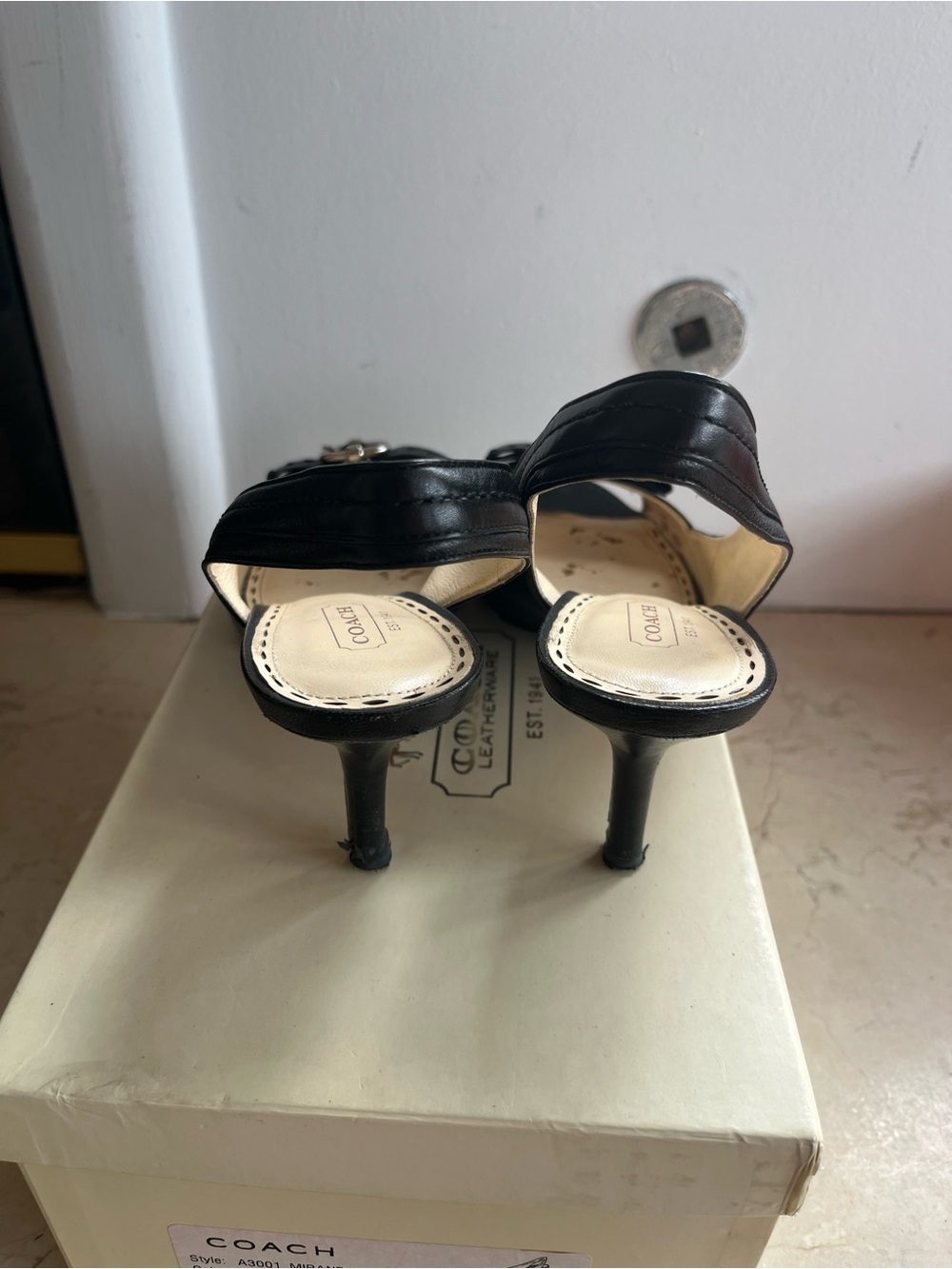 COACH Black Leather Peep-Toe Slingback Heels with Buckle - Picture 3 of 4